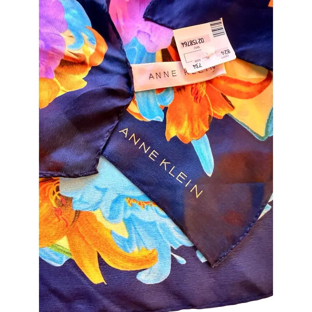 Vintage Anne Klein Silk Floral Scarf NWT 1990s Purple Gold Navy Square 34x34